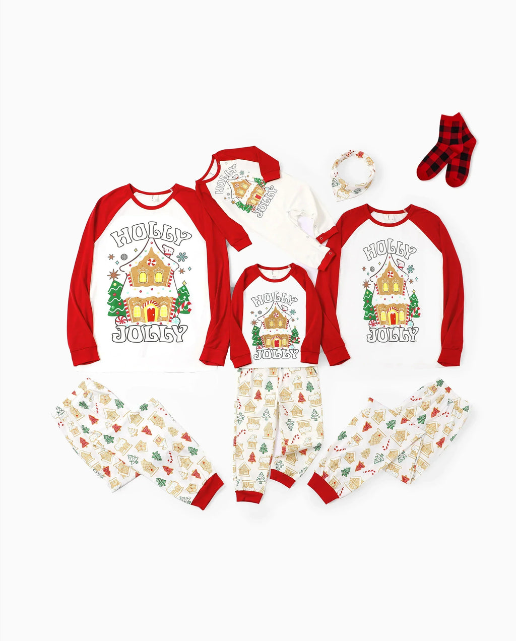 PatPat Matching Family Christmas Pajamas Gingerbread House & Christmas Tree Print Red
