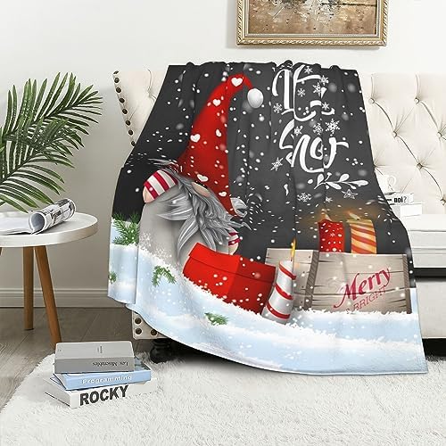 Christmas Throw Blanket, Merry Christmas Gnome Xmas Gifts Winter Snowflakess, Living Room/Bedroom/Sofa Couch Warm Soft Bed Flannel Blanket for Children Adults All Season 50"X40"