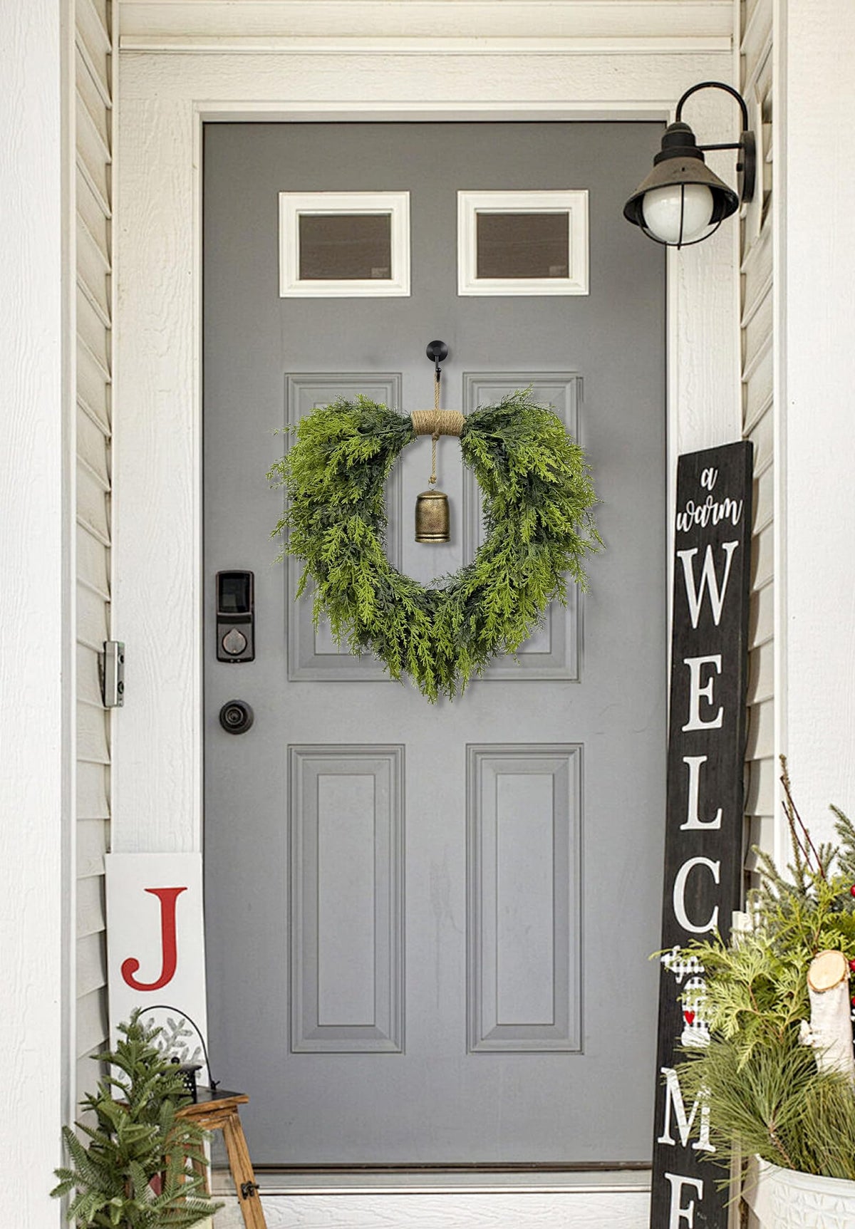 20" Heart-Shaped Wreath for Front Door – Faux Greenery with Rustic Bell – Waterproof & Fade-Resistant Christmas Decor for Porch, Holiday Wall or Indoor Use