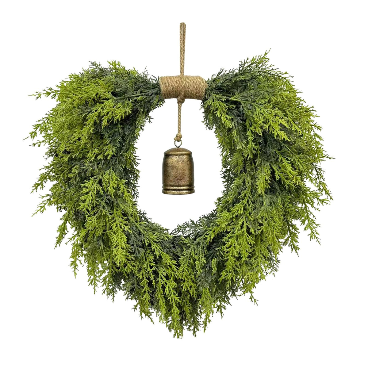 20" Heart-Shaped Wreath for Front Door – Faux Greenery with Rustic Bell – Waterproof & Fade-Resistant Christmas Decor for Porch, Holiday Wall or Indoor Use