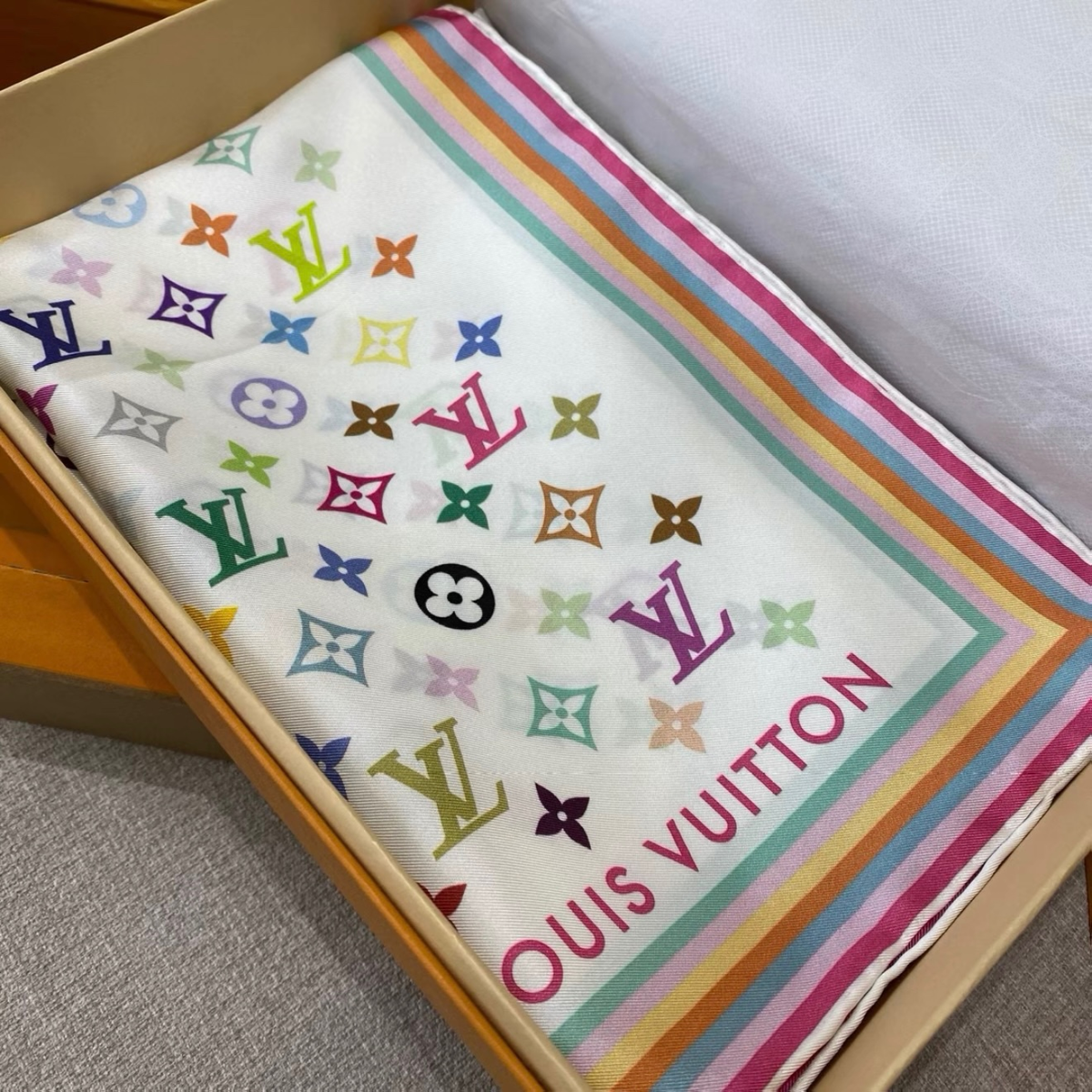 Rainbow Multicolor Monogram Square Satin Silk Scarf