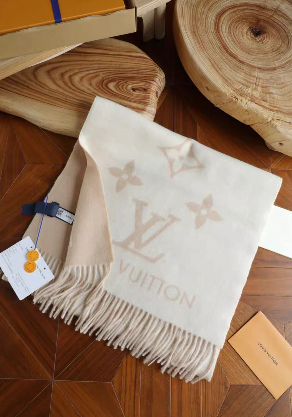 Reversible Cream Beige Monogram Cashmere Winter Scarf with Tassels