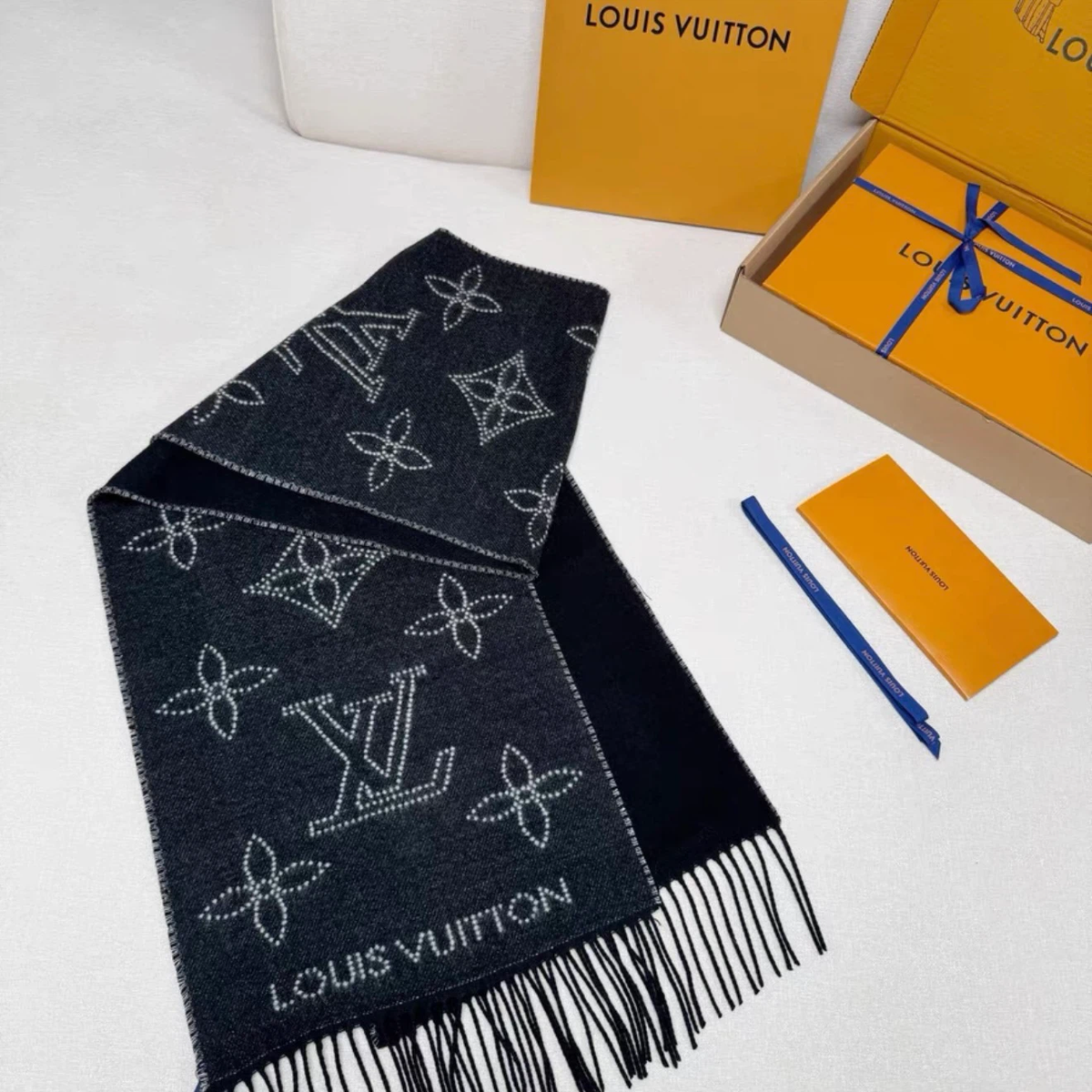 Black Dotted Monogram Reversible Fringed Winter Scarf