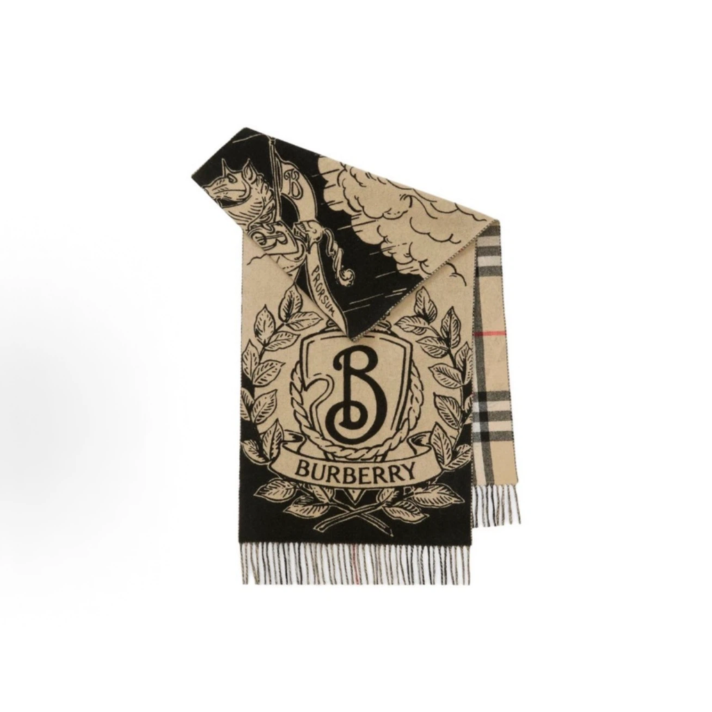 Burberry Reversible Cashmere Scarf | Equestrian Knight Castle Print Classic Check Double‑Sided Shawl Wrap, 100% Cashmere Fringed Winter Scarf for Men & Women