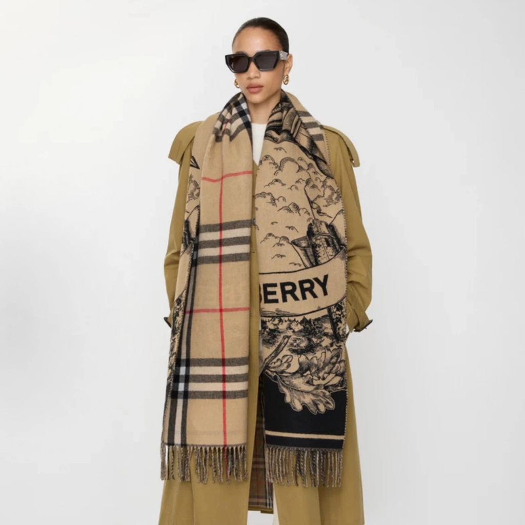 Burberry Reversible Cashmere Scarf | Crest B‑Monogram Equestrian Heraldic Print Classic Check Double‑Sided Fringed Shawl, Luxury Winter Scarf for Men Women