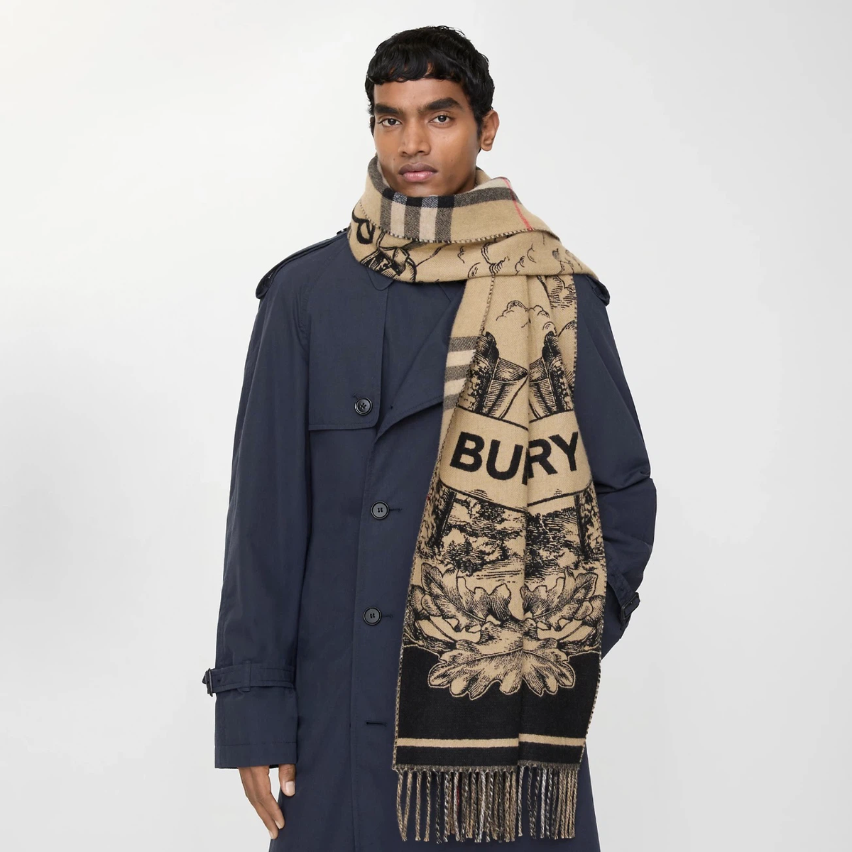 Burberry Reversible Cashmere Scarf | Crest B‑Monogram Equestrian Heraldic Print Classic Check Double‑Sided Fringed Shawl, Luxury Winter Scarf for Men Women
