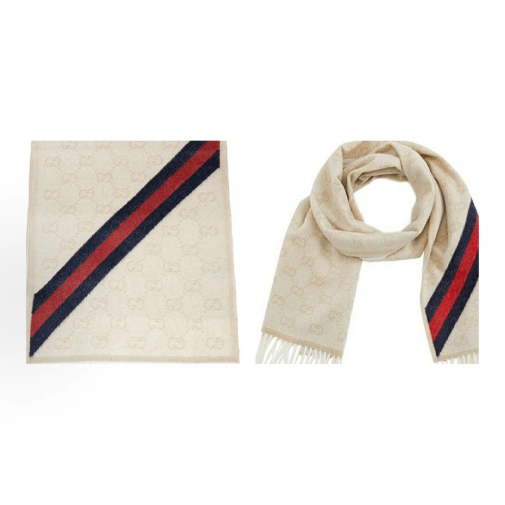 Gucci Re‑versible GG Jacquard Wool‑Silk Scarf Cream Off‑White Web Stripe Fringed Unisex Winter Shawl Wrap
