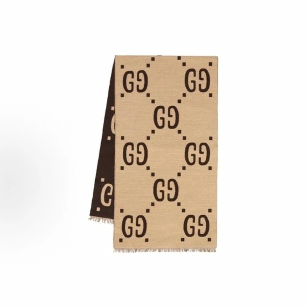 Gucci Reversible GG Jacquard Wool‑Silk Scarf Beige Dark Brown Fringed Unisex Winter Shawl Wrap