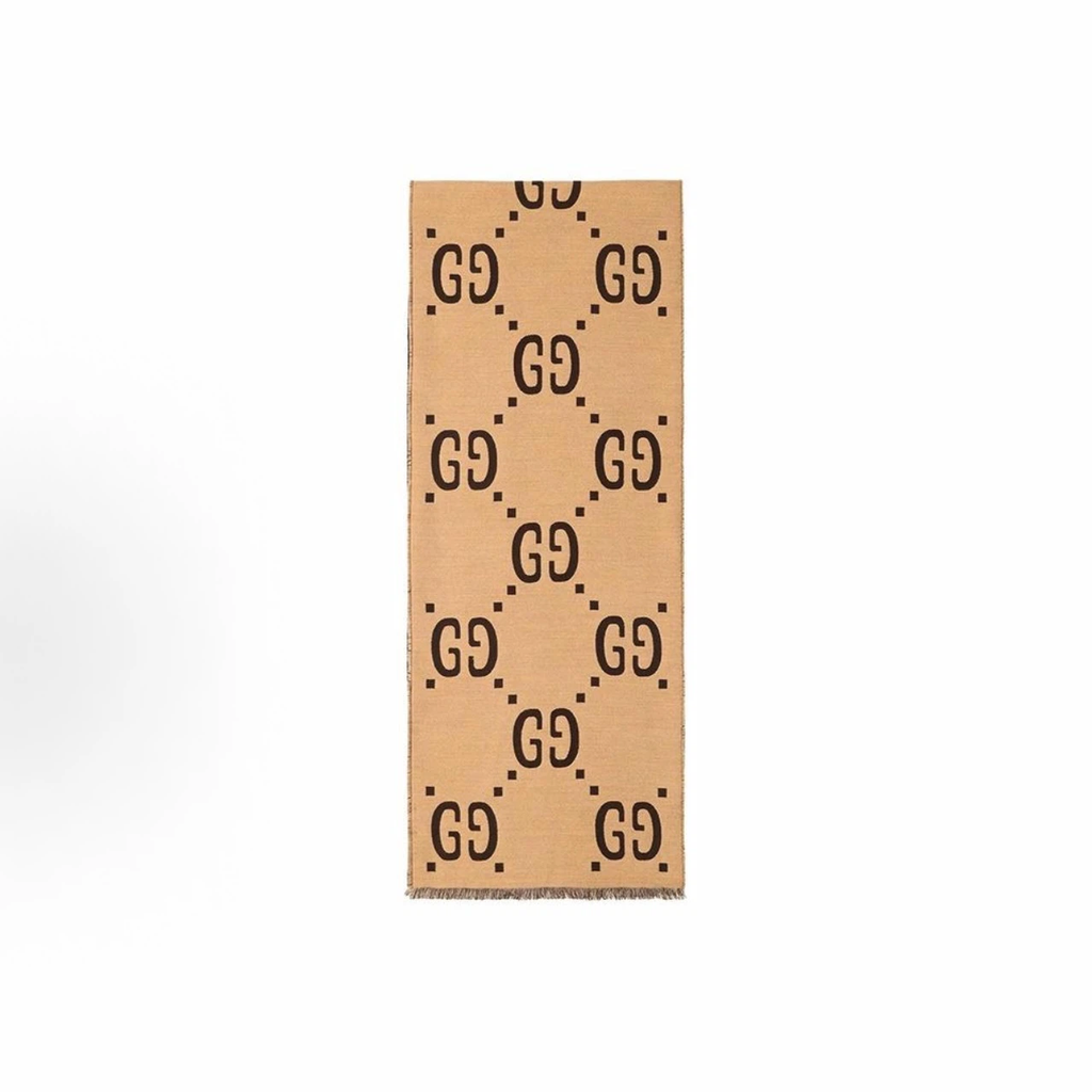 Gucci Reversible GG Jacquard Wool‑Silk Scarf Beige Dark Brown Fringed Unisex Winter Shawl Wrap