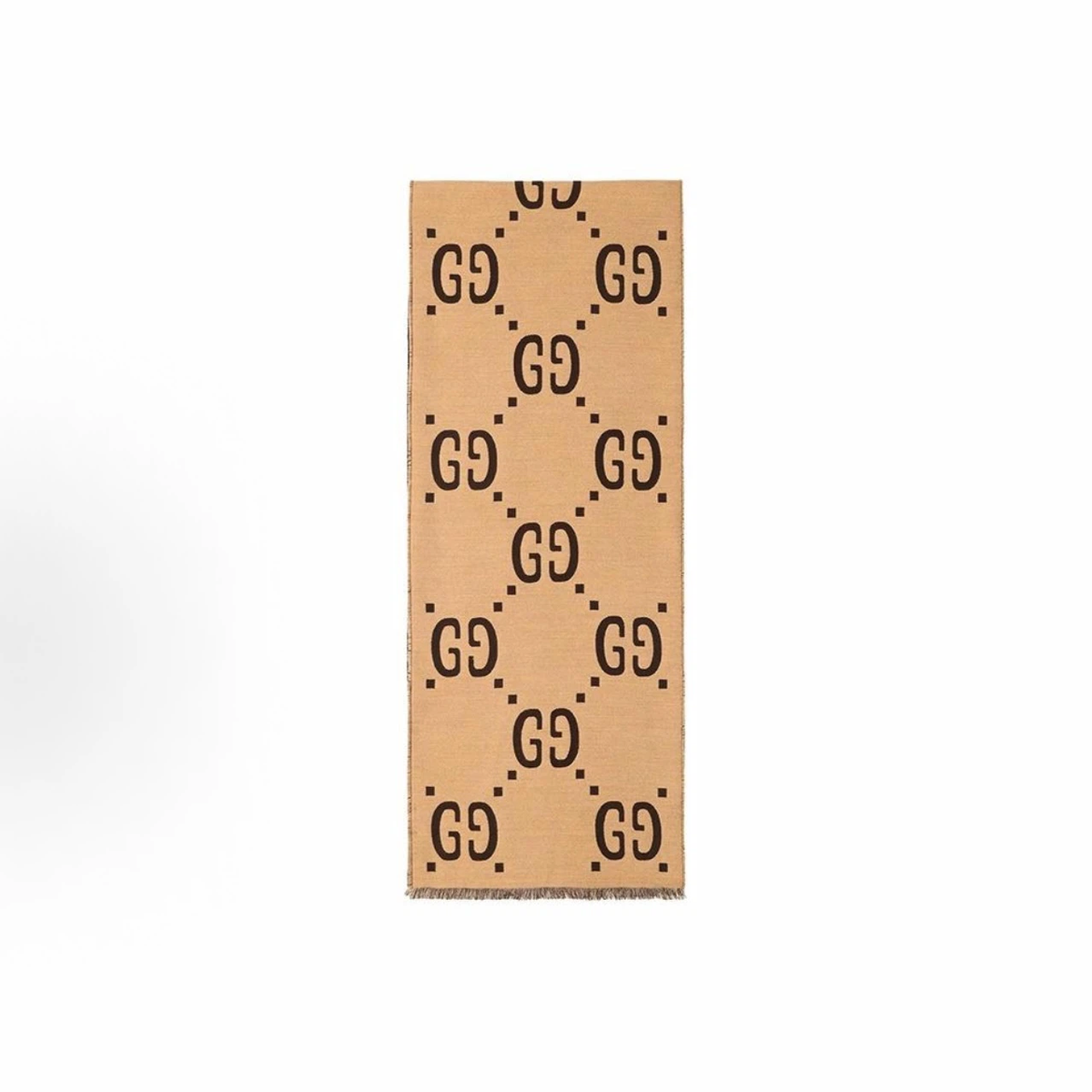 Gucci Reversible GG Jacquard Wool‑Silk Scarf Beige Dark Brown Fringed Unisex Winter Shawl Wrap