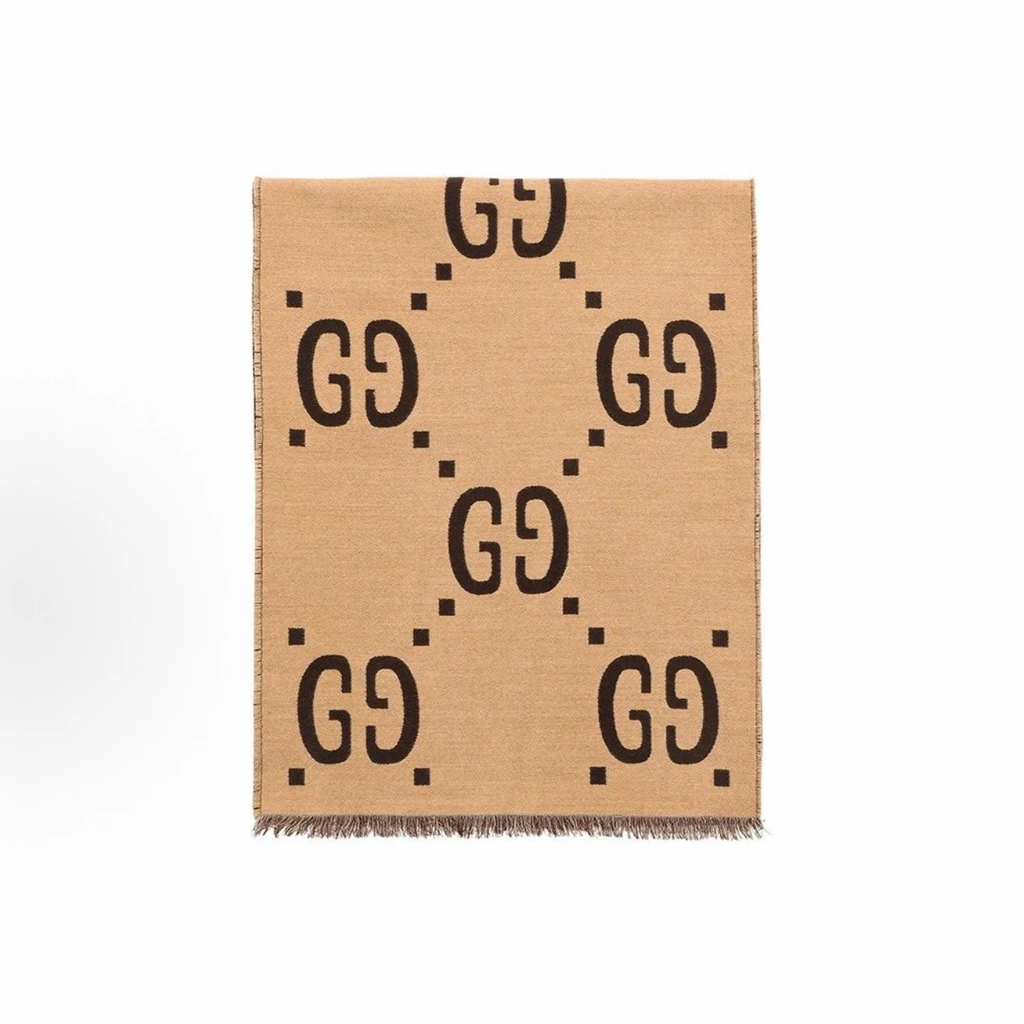 Gucci Reversible GG Jacquard Wool‑Silk Scarf Beige Dark Brown Fringed Unisex Winter Shawl Wrap