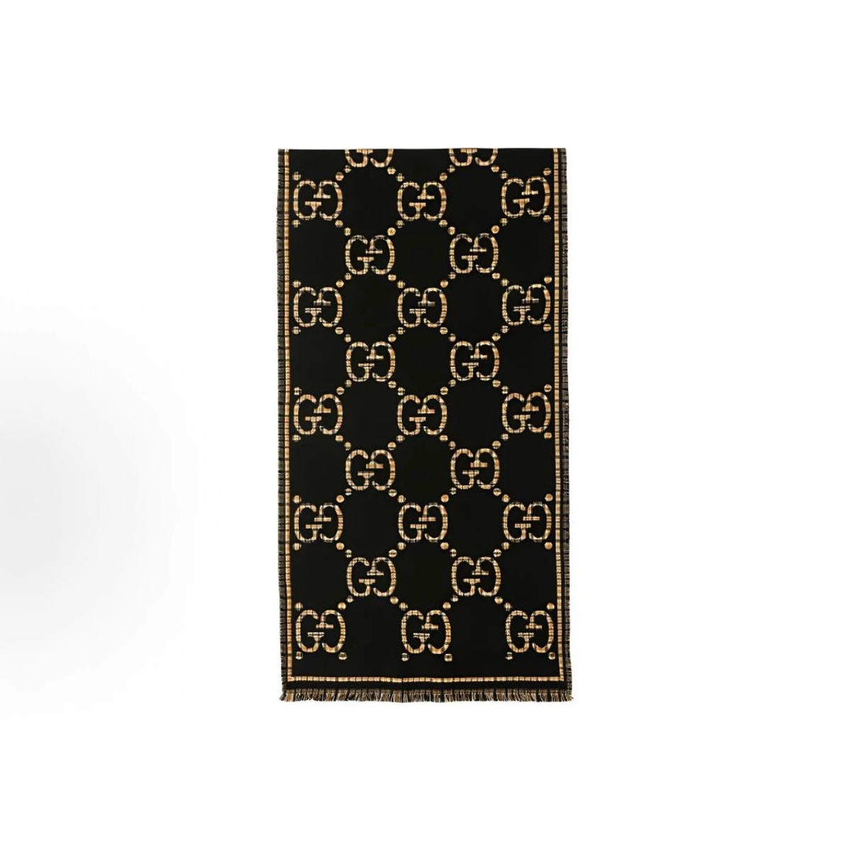 Gucci Reversible GG Check Wool Scarf, Black & Beige Monogram Fringed Unisex Winter Shawl Wrap