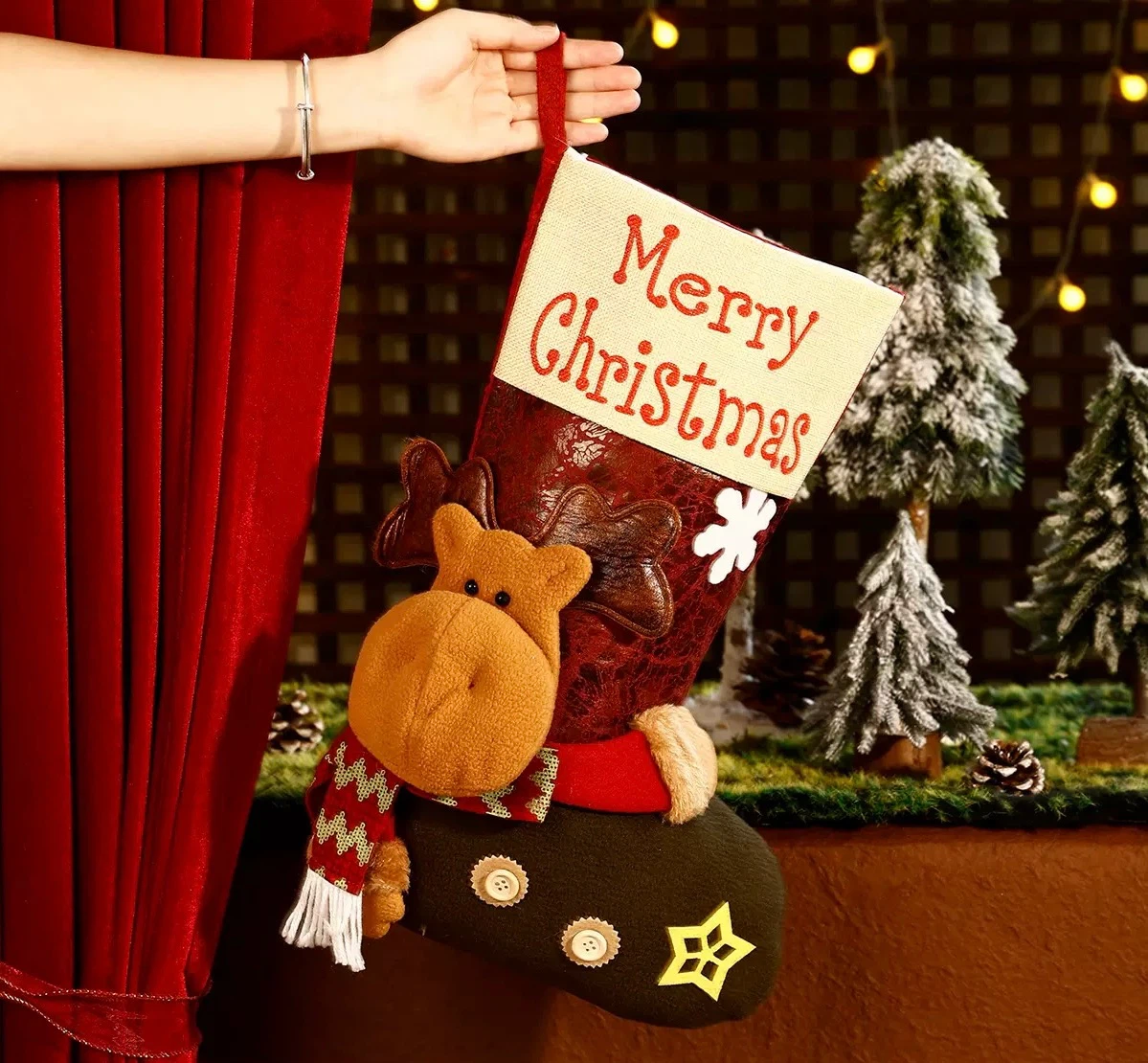 3D Reindeer Christmas Stocking, Holiday Hanging Gift Sock 2.