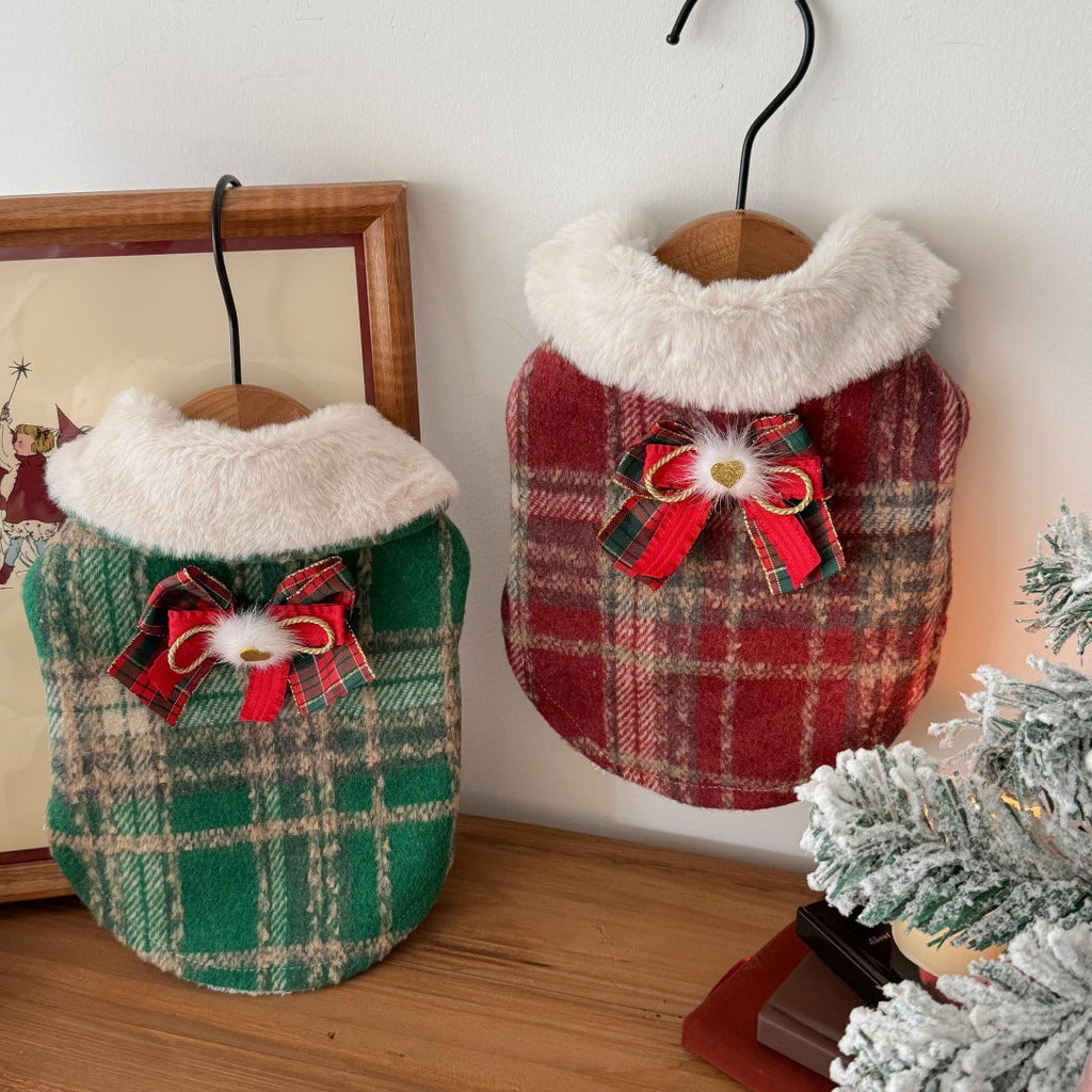 Xmas Fleece Collar Plaid Bow Dog Cat Cape