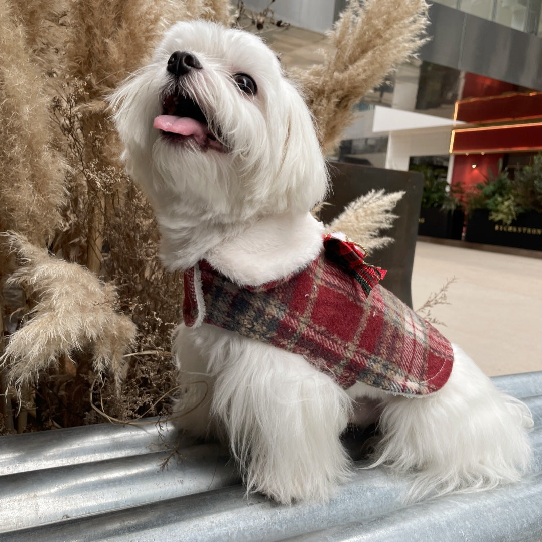 Xmas Fleece Collar Plaid Bow Dog Cat Cape