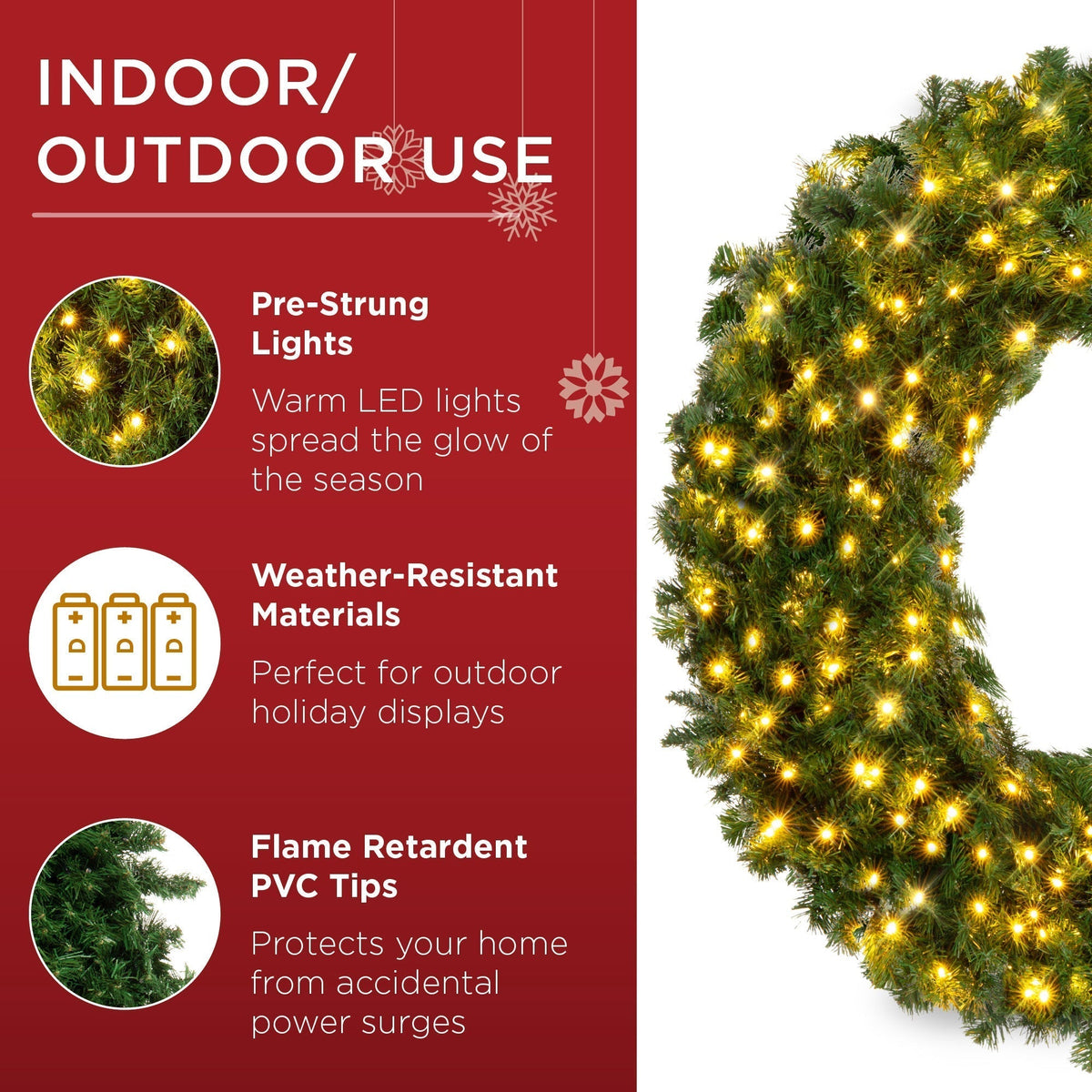 Pre-Lit Artificial Fir Christmas Wreath w/ LED Lights, Plug-In, PVC Tips