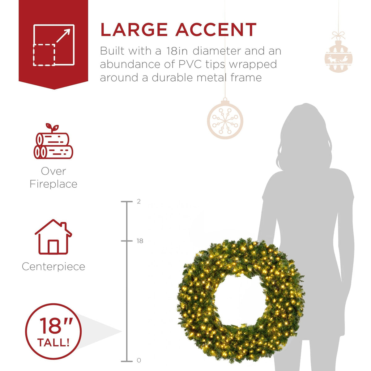 Pre-Lit Artificial Fir Christmas Wreath w/ LED Lights, Plug-In, PVC Tips