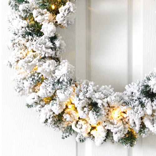 24-Inch Flocked Christmas Wreath with Pinecones and 35 Warm LED Lights - Pinecone Christmas Wreath
